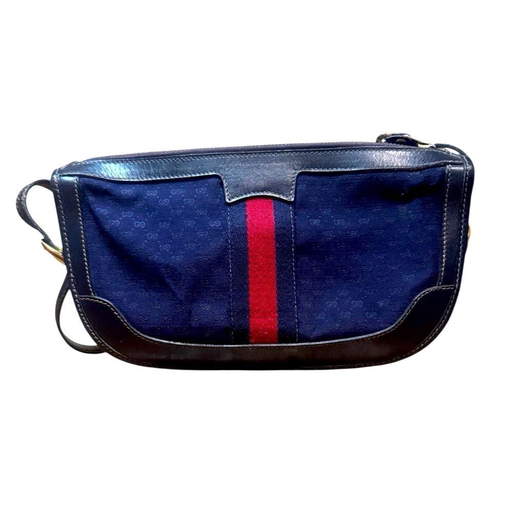 Gucci Vintage Navy Blue Canvas & Leather Sherry Line Messenger Bag Monogram Auth - Picture 3 of 9